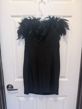Fashion Nova Black Strapless Feather Trim Mini Dress